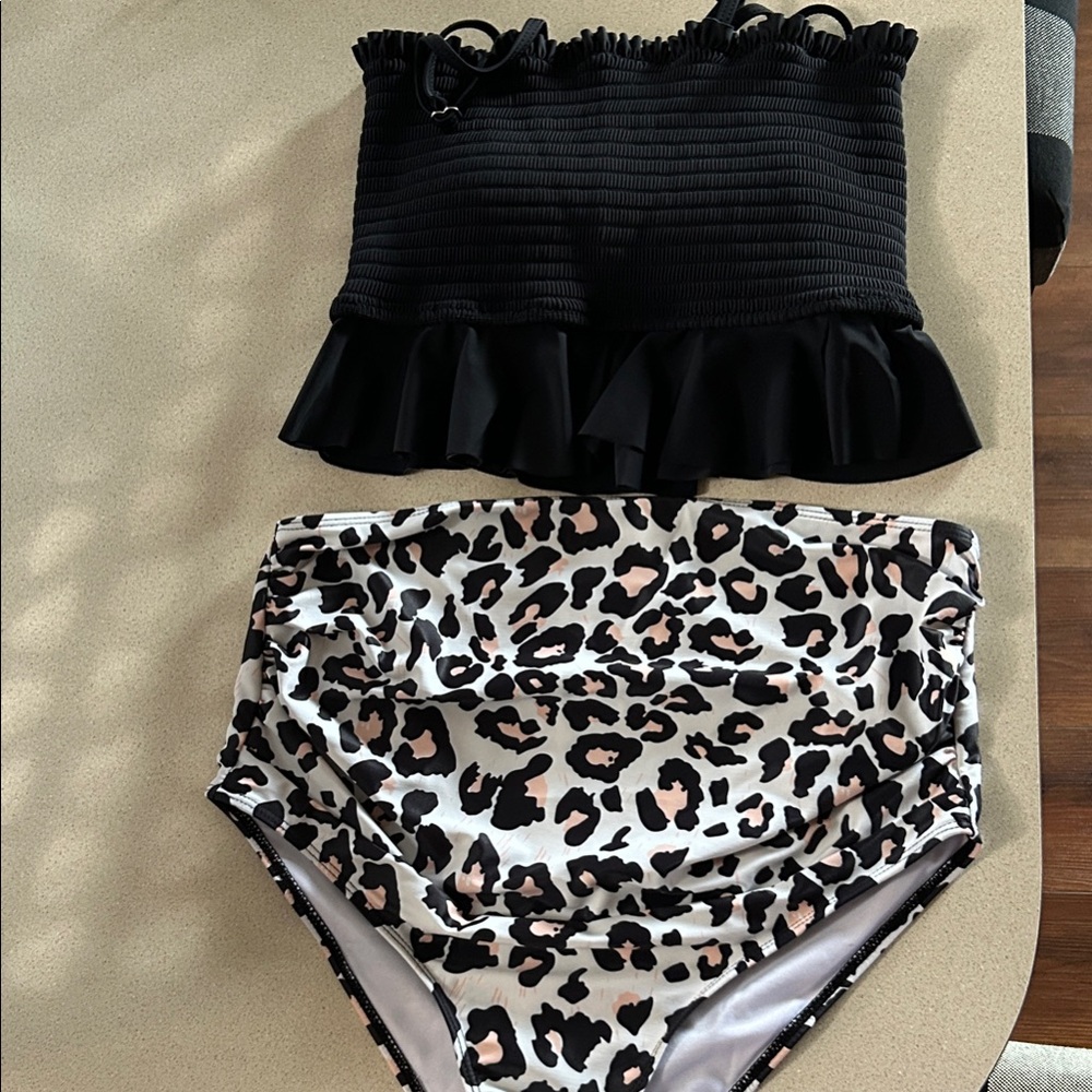 Maternity Black Ruffled Top and Leopard Print Bikini Bottom